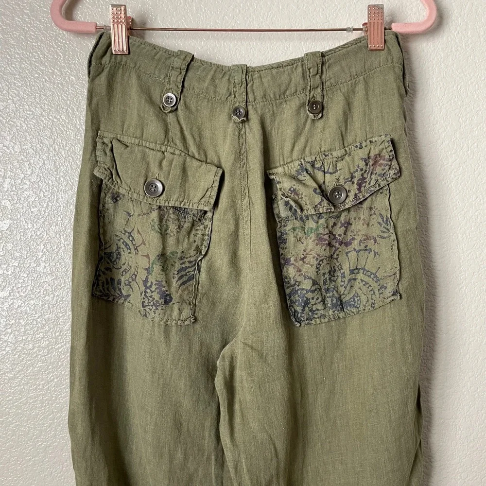 Free People Pants Womens Size 2 Green 100% Linen Boho Paisley Floral Cropped - Picture 6 of 10